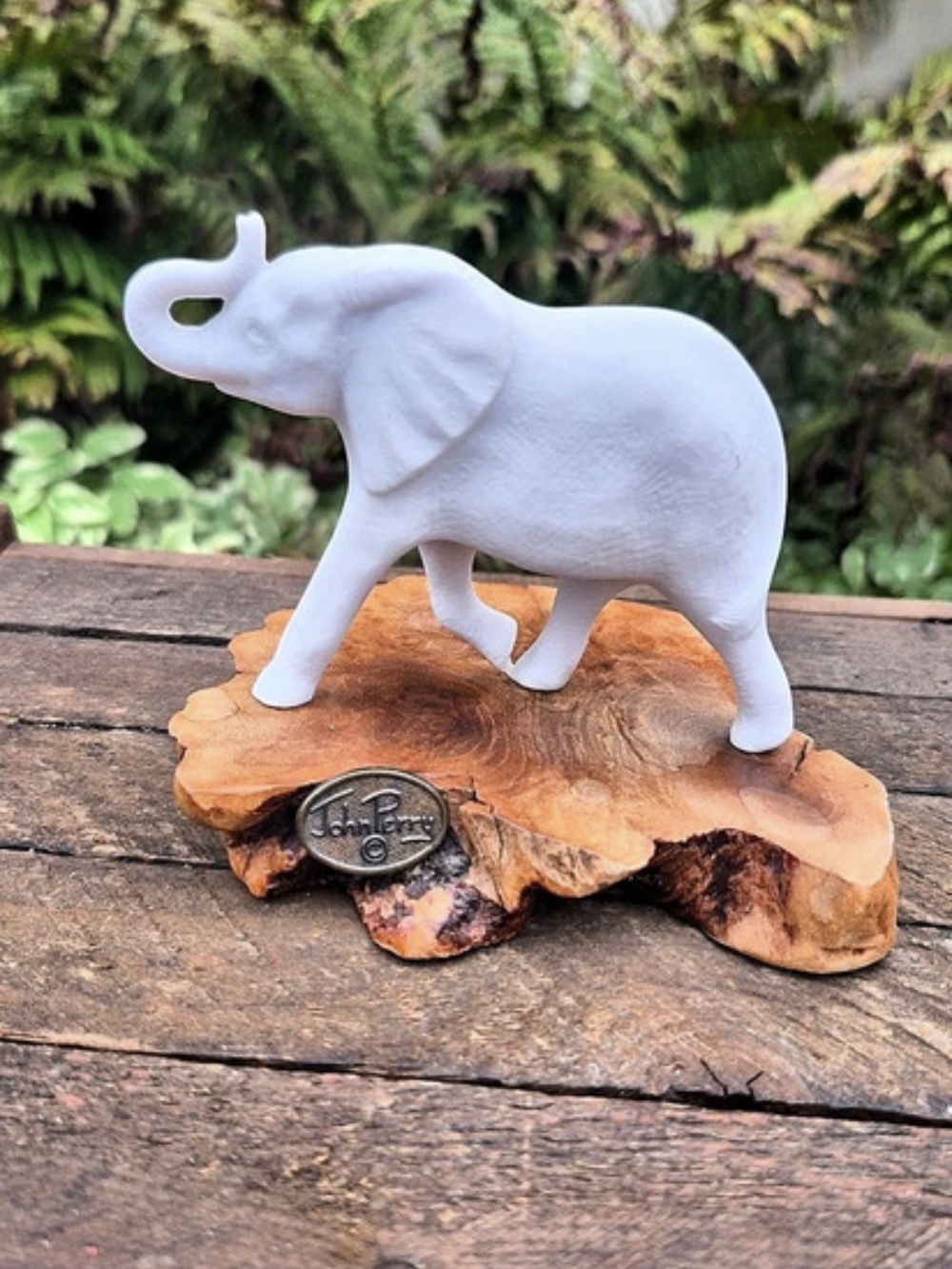 Like New Vintage John Perry Elephant on Burl Wood Base